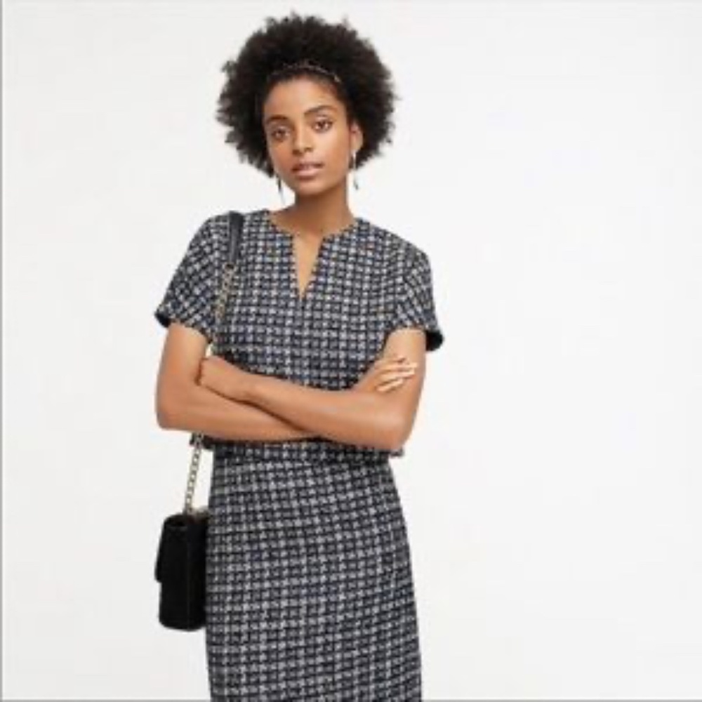 J Crew navy tweed cropped cap-sleeve top